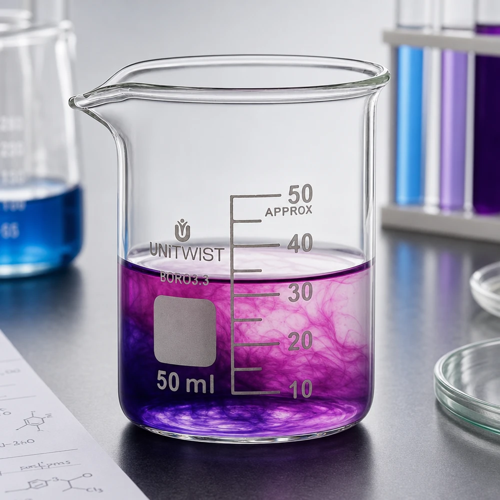 Bæger 50 ml borosilikat, lav skimmel UNiTWIST UNiTWIST-bægerglas, 50 ml, lav model, med violet væske og farveovergang i laboratoriet