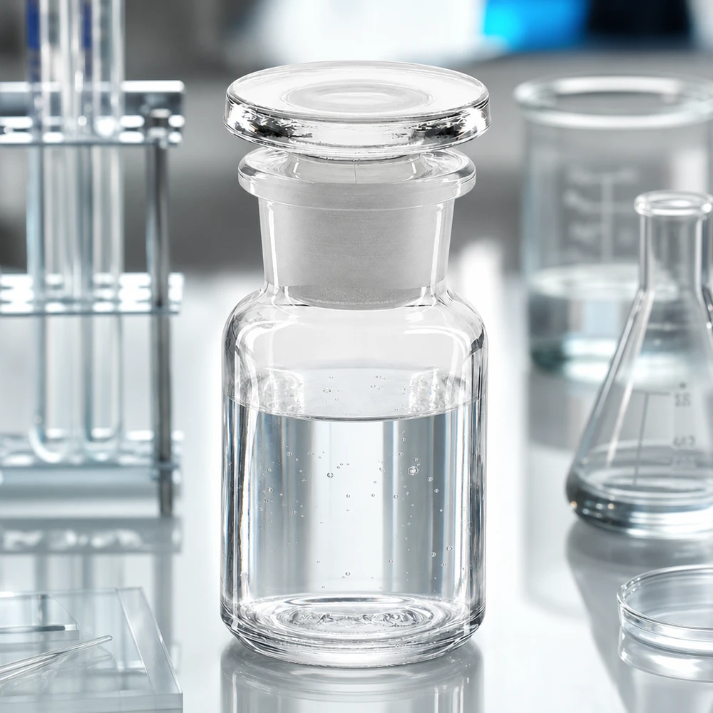 Rund skulderflaske 50 ml klar glasprop med bred hals Laboratorieflaske med bred hals, 50 ml, af klart glas med glasprop på en hvid laboratoriebordplade