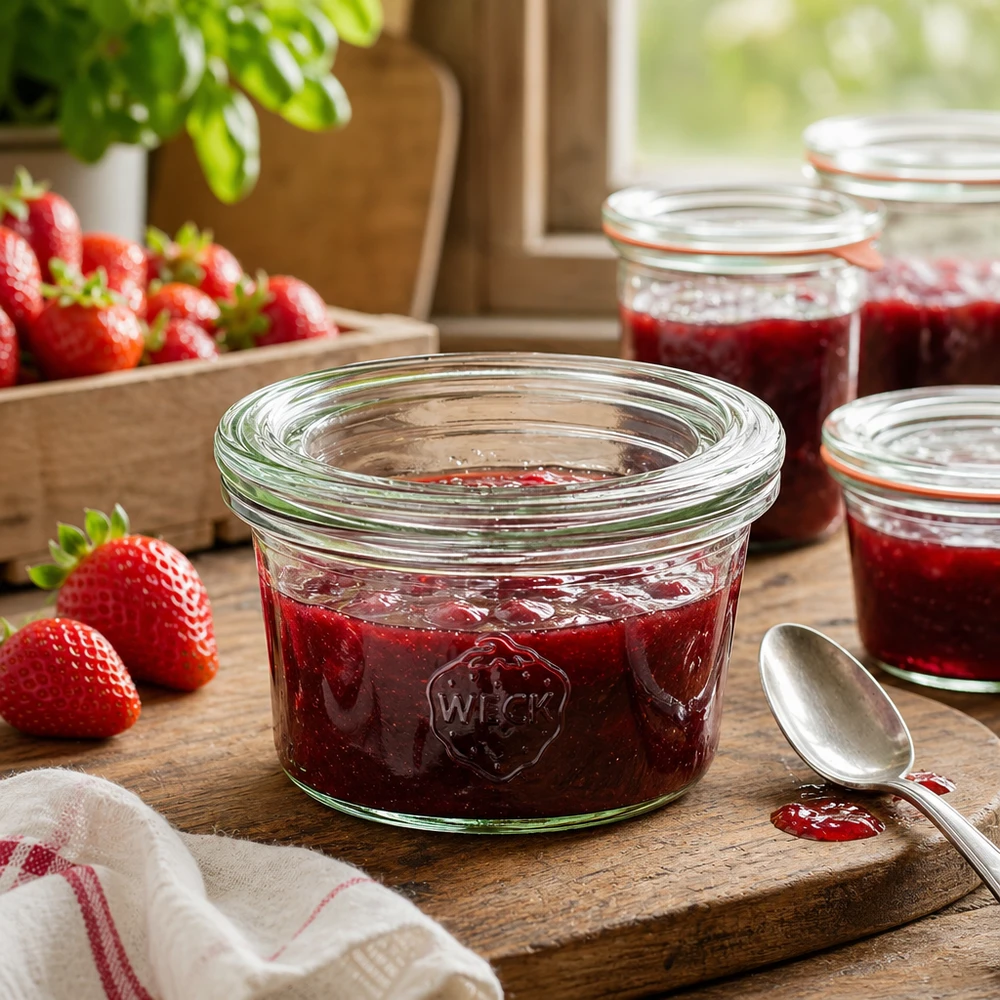 50 ml Briller med glaslåg WECK RR60 WECK 50 ml glas fyldt med jordbærmarmelade på en træplade ved siden af friske jordbær i et rustikt køkken