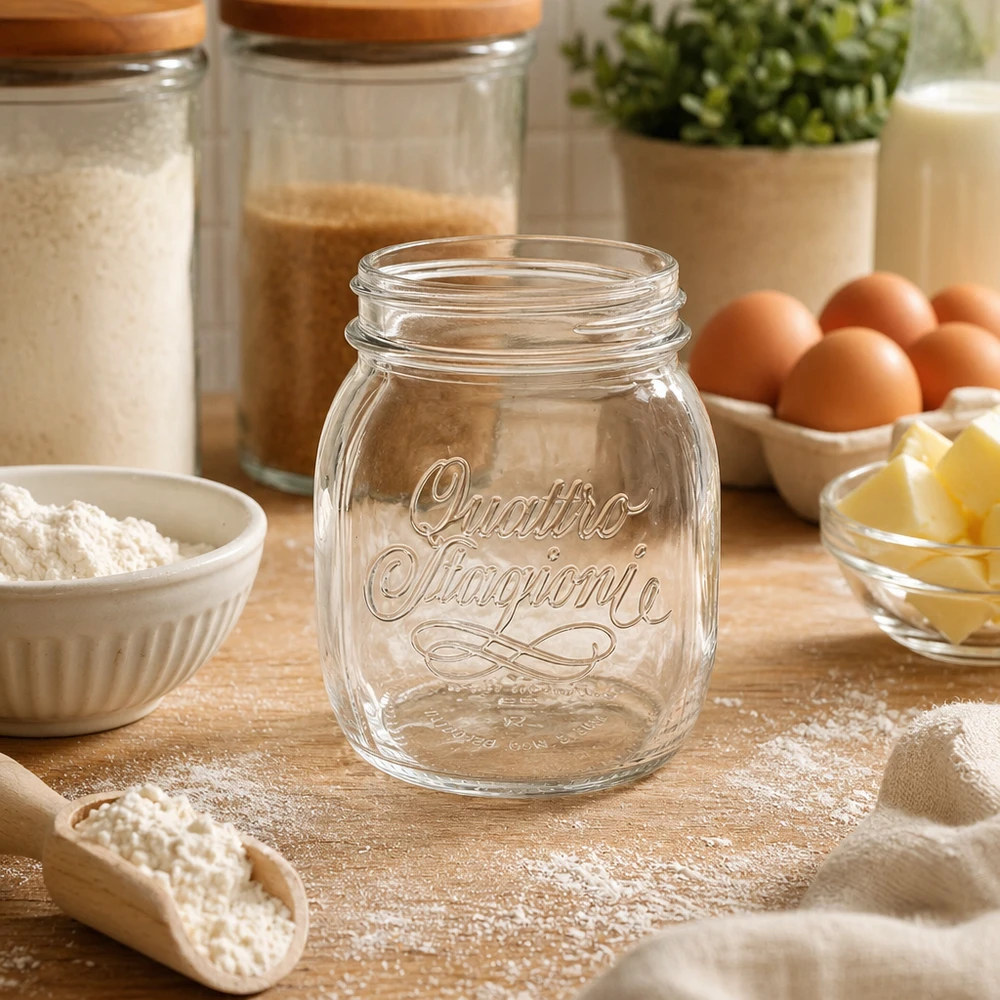 700 ml husholdningsglas "Quattro Stagioni" 700 ml Quattro Stagioni husholdningsglas tomt på træbord omgivet af bageingredienser mel æg og smør i køkken