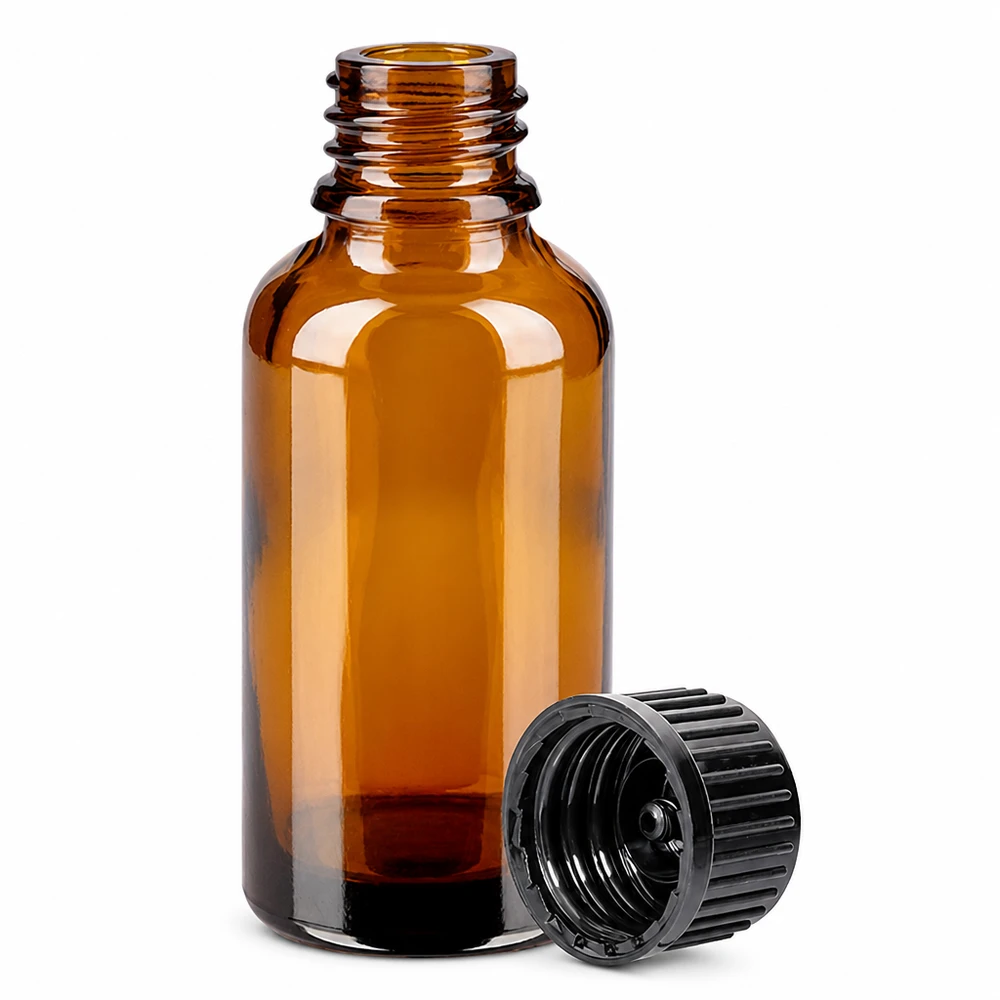 30 ml flaske 11 mm SV sort STD BrownLine UT18/30 Ravfarvet glasflaske 30 ml med gevind og aftagelig hætte til aromaterapi