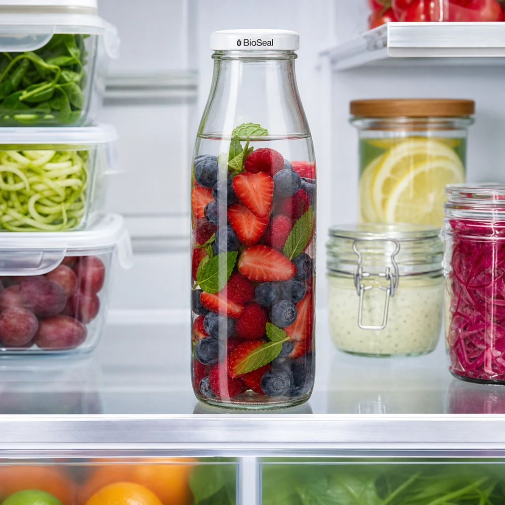 500 ml glasflaske + BioSeal-låg hvid UNiTWIST. Absolut lækagesikker med stort TO48-låg. Til mælk, juice og limonade. 500 ml glasflaske med BioSeal-låg i køleskabet, fyldt med bær og mynte, ved siden af beholdere til tilberedning af måltider