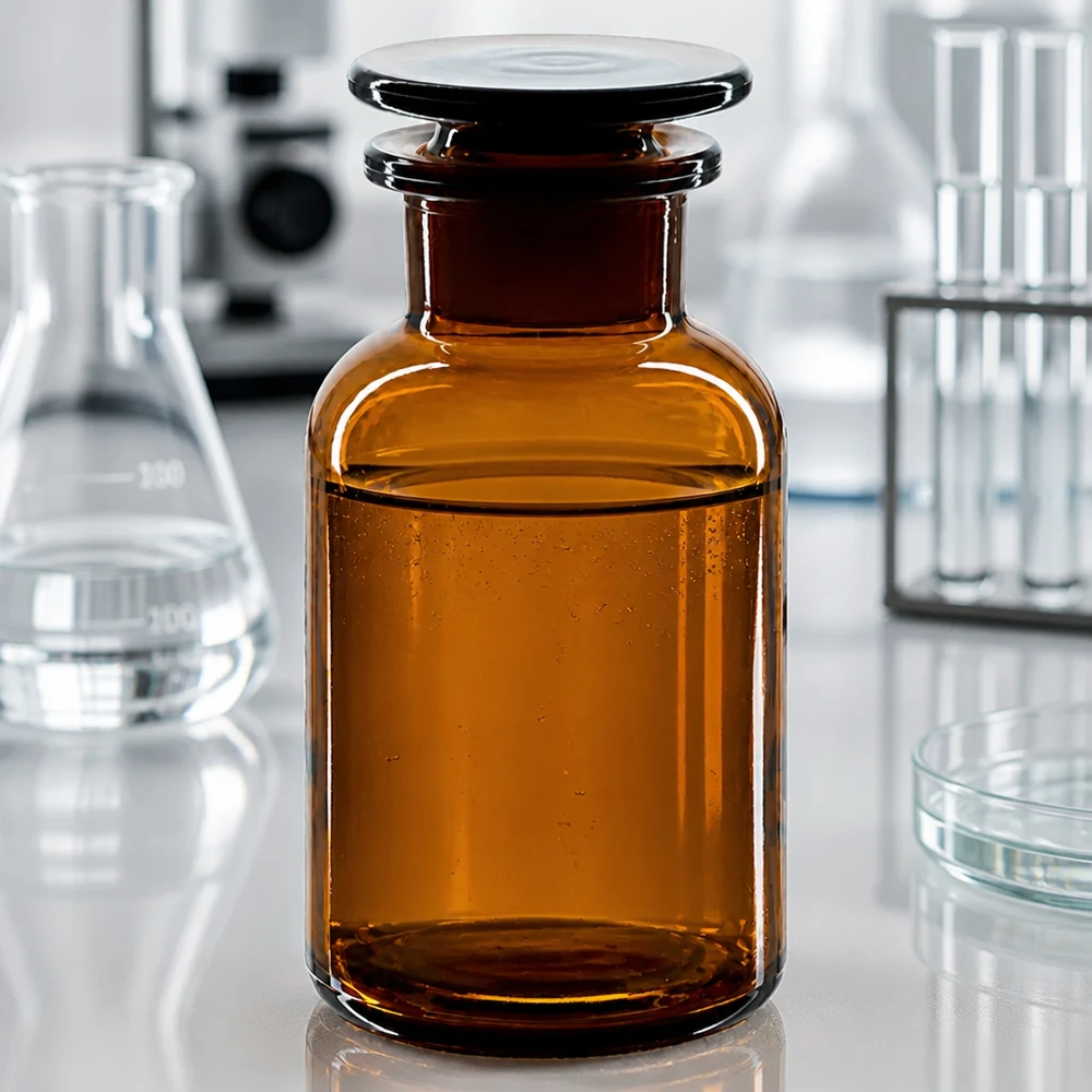 Rund skulderflaske 250 ml brun glasprop med bred hals Laboratoriefoto af en brun flaske med bred hals, 250 ml, med glasprop omgivet af Erlenmeyer-kolber og reagensglas