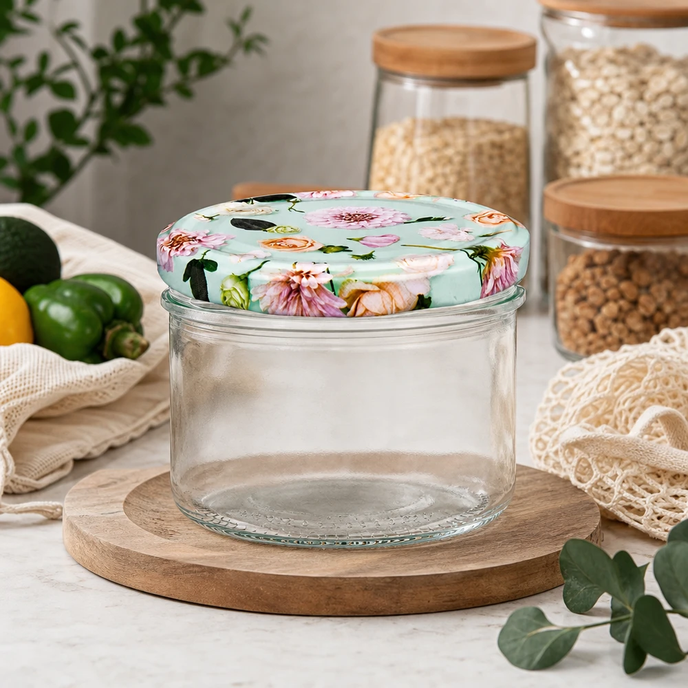 230 ml cylinderglas + BasicSeal låg Blume mint Opbevaringskrukke 230 ml med blomsterlåg mint i køkken - Opbevaringskrukke på træplade ved siden af morgenmadskrukker