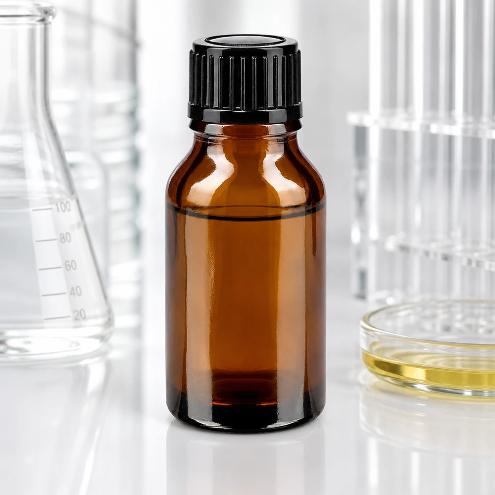 Medicinflaske af brunt glas, 15 ml, med sort dråbetæller til laboratoriebrug