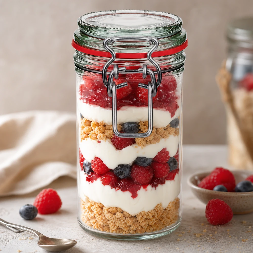 272 ml opbevaringsglas, type G, med bøjlelåg UN.. 272 ml opbevaringsglas med svingtop fyldt med en lagdelt dessert af bær, yoghurt og kiksekrummer