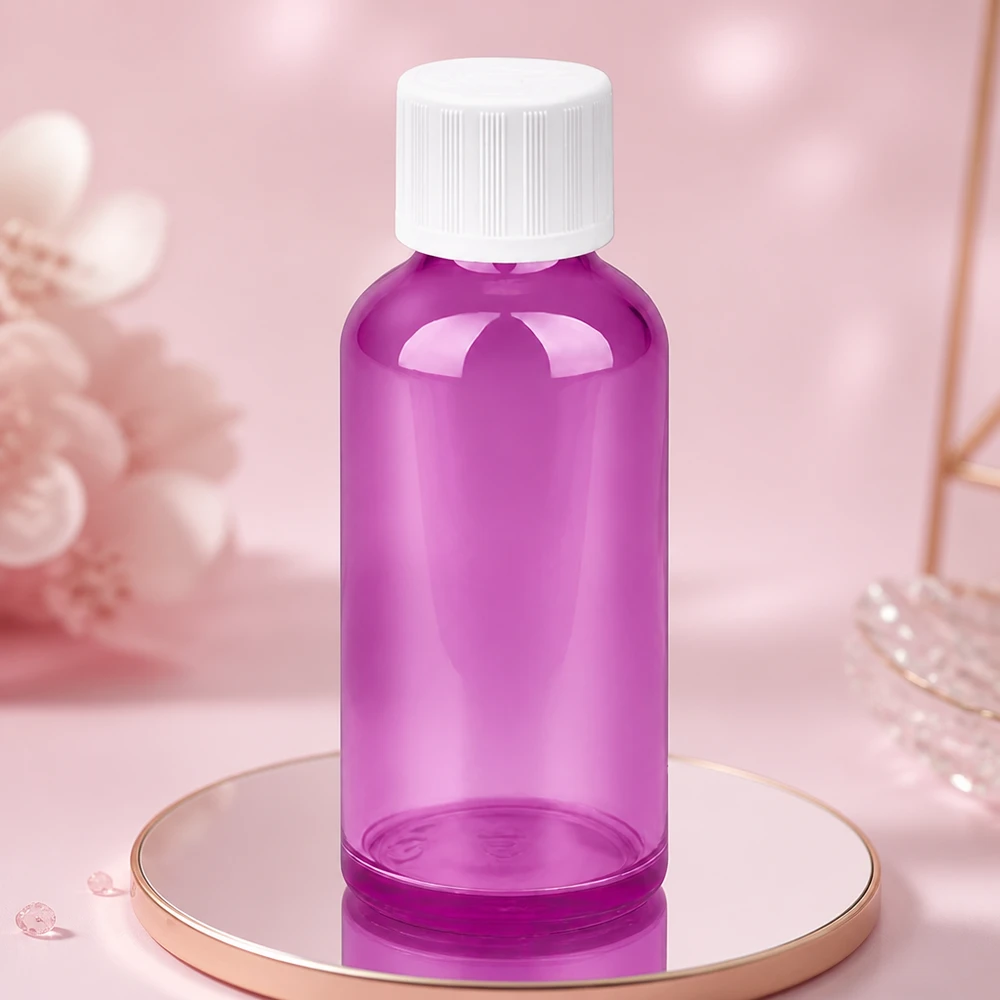 50 ml flaske 11 mm skruelåg hvid standard børnesikret PurpleLine UT18/50 50 ml laboratorieflaske med børnesikret hætte i lilla til farmaceutiske anvendelser