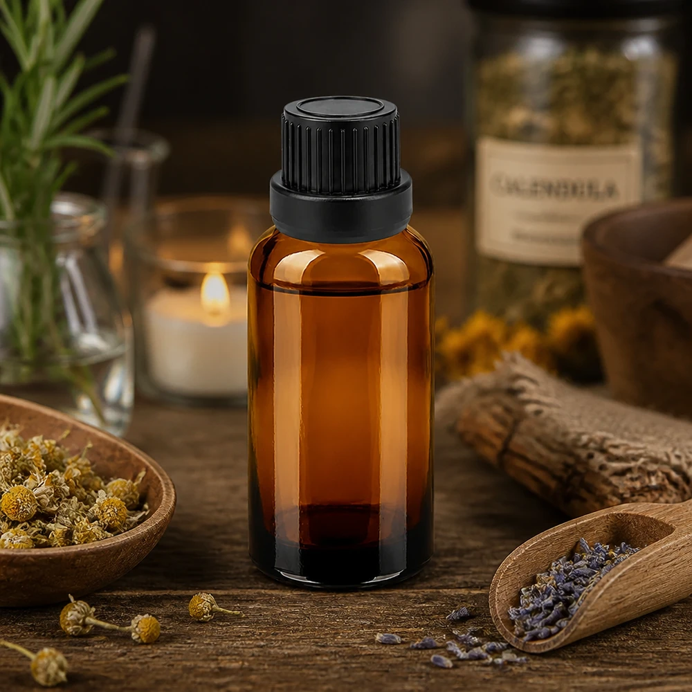 30 ml dråbeflaske 2 mm sort OV BrownLine UT18/30 Lille 30 ml dråbeflaske i elegant ravfarvet glas med sort hætte til præcis portionering