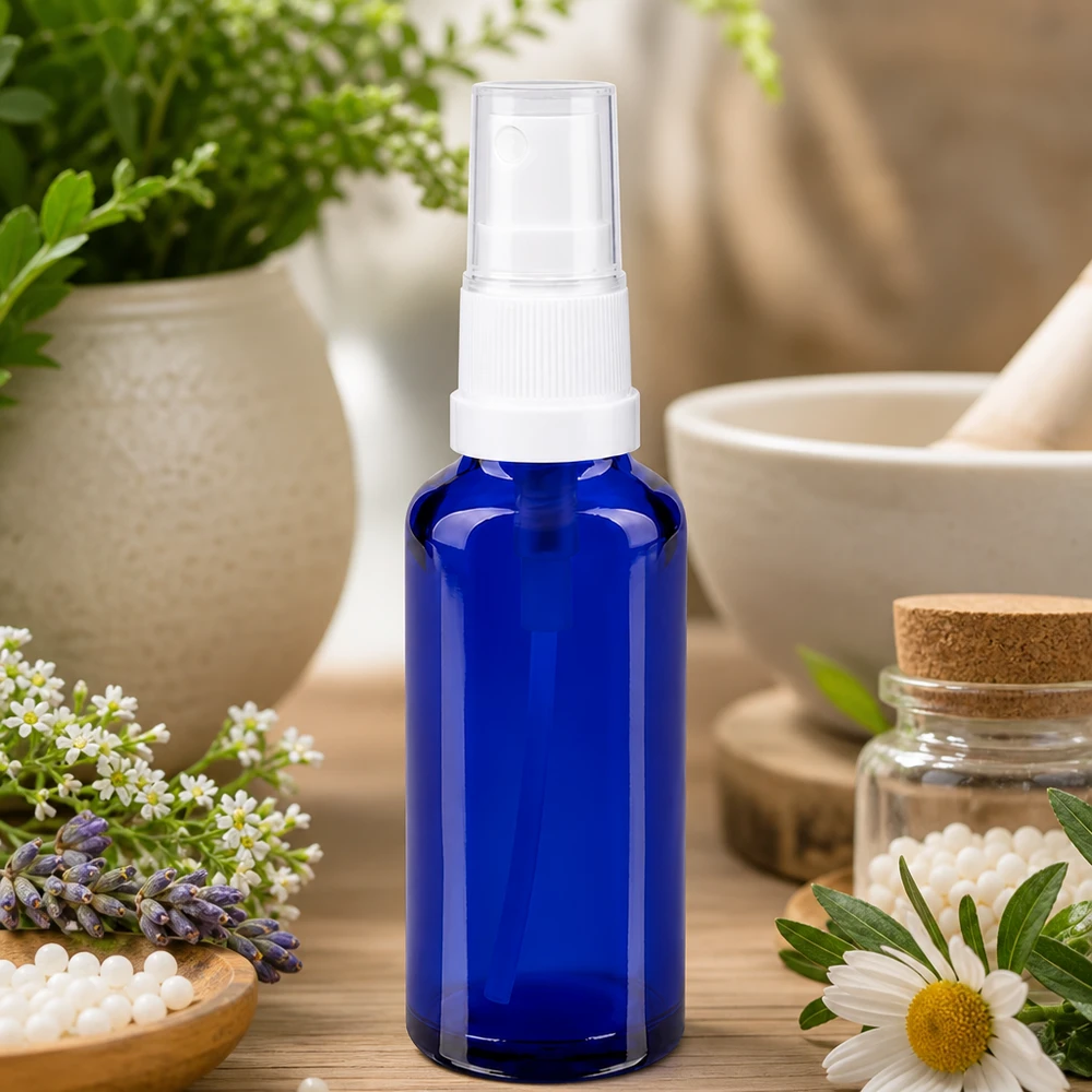 Apoteksflaske blå 30 ml spraytop hvid Blå 30 ml glasflaske med hvid pumpesprayhoved, omgivet af lavendel, kamille og lægeurter