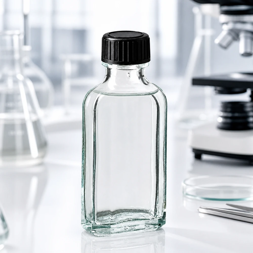 Gennemsigtig 50 ml Meplat-glasflaske med sort plastprop i laboratoriet