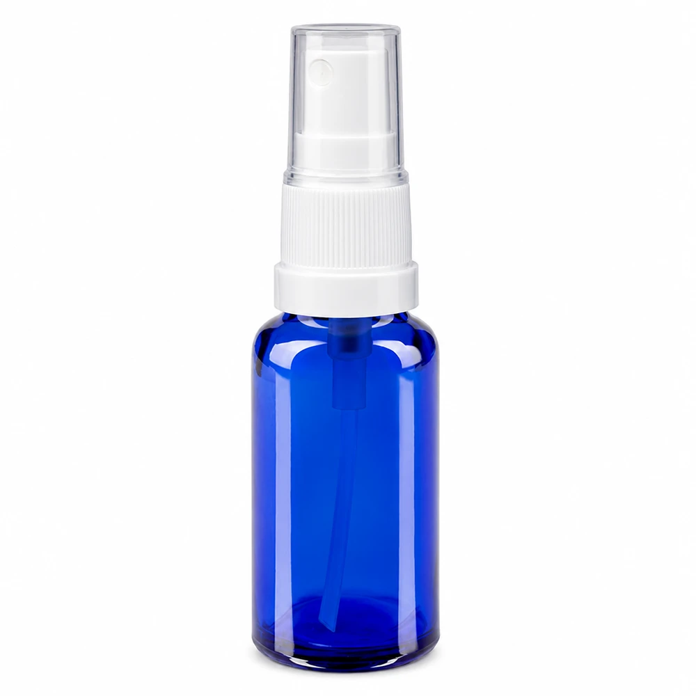 20 ml blå glasflaske med hvid pumpespray og gennemsigtig beskyttelseskappe, ApoGlas