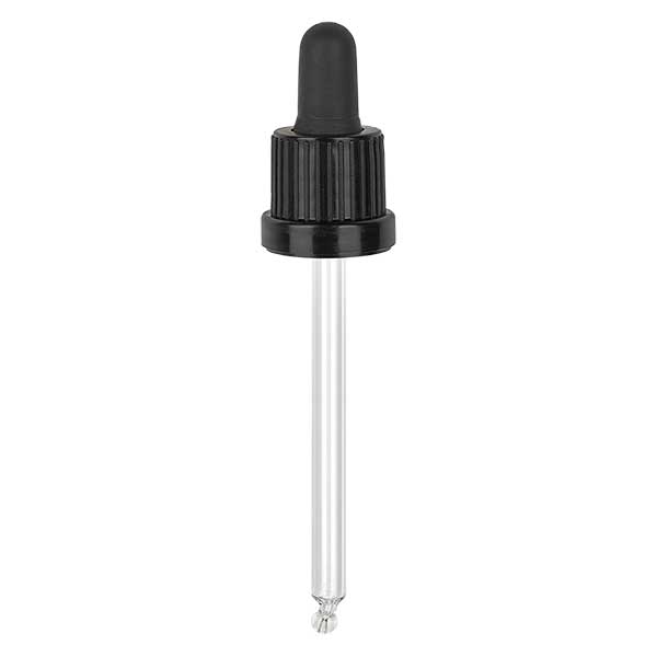 Pipettehætte sort DIN18, 95 mm pipettelængde med tamper-evident ring. Alkoholtæt. Til ApoGlas® 100 ml brun, blå, grøn, klar (+++) med 18 mm gevind.