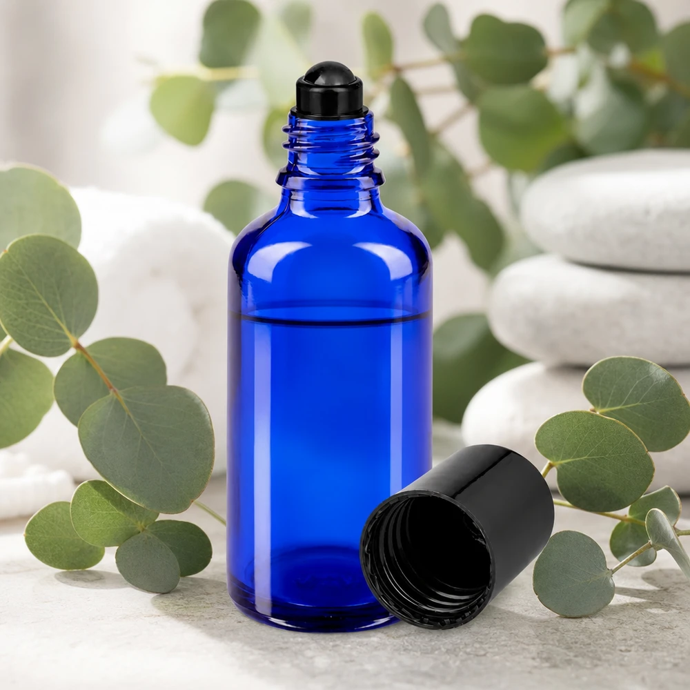 Lysuigennemsigtig, koboltblå 50 ml roll-on-flaske af UV-beskyttende glas med sort kugleapplikator
