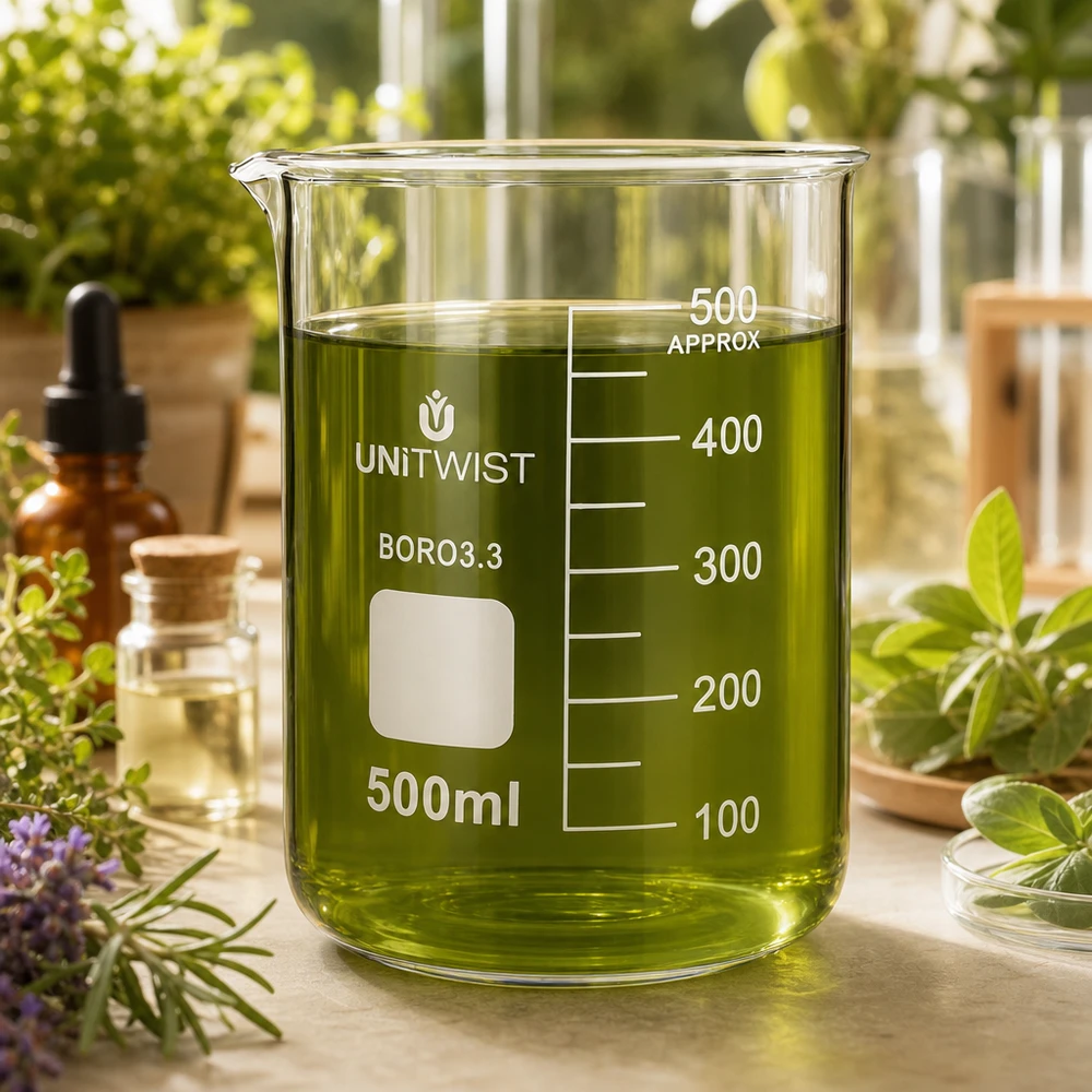 Bæger 500 ml borosilikat, lav form UNiTWIST UNiTWIST bægerglas 500 ml, borosilikatglas, lav form, fyldt med grøn urtevæske