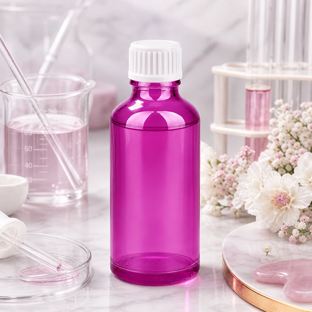 50 ml (globule) flaske 3 mm hældering hvid Standard PurpleLine. UT18/50 50 ml rund glasflaske med DIN18-gevind i blank violet til professionelle laboratorieopgaver