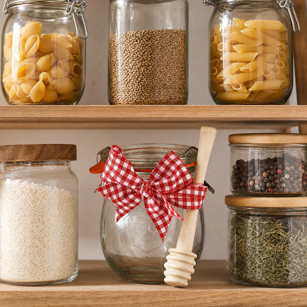WECK mini tulipankrukke 220 ml komplet med honningske Opbevaringsskab med WECK-krukker til pasta og krydderier, mini tulipankrukke 220 ml med honningske som køkkendekoration