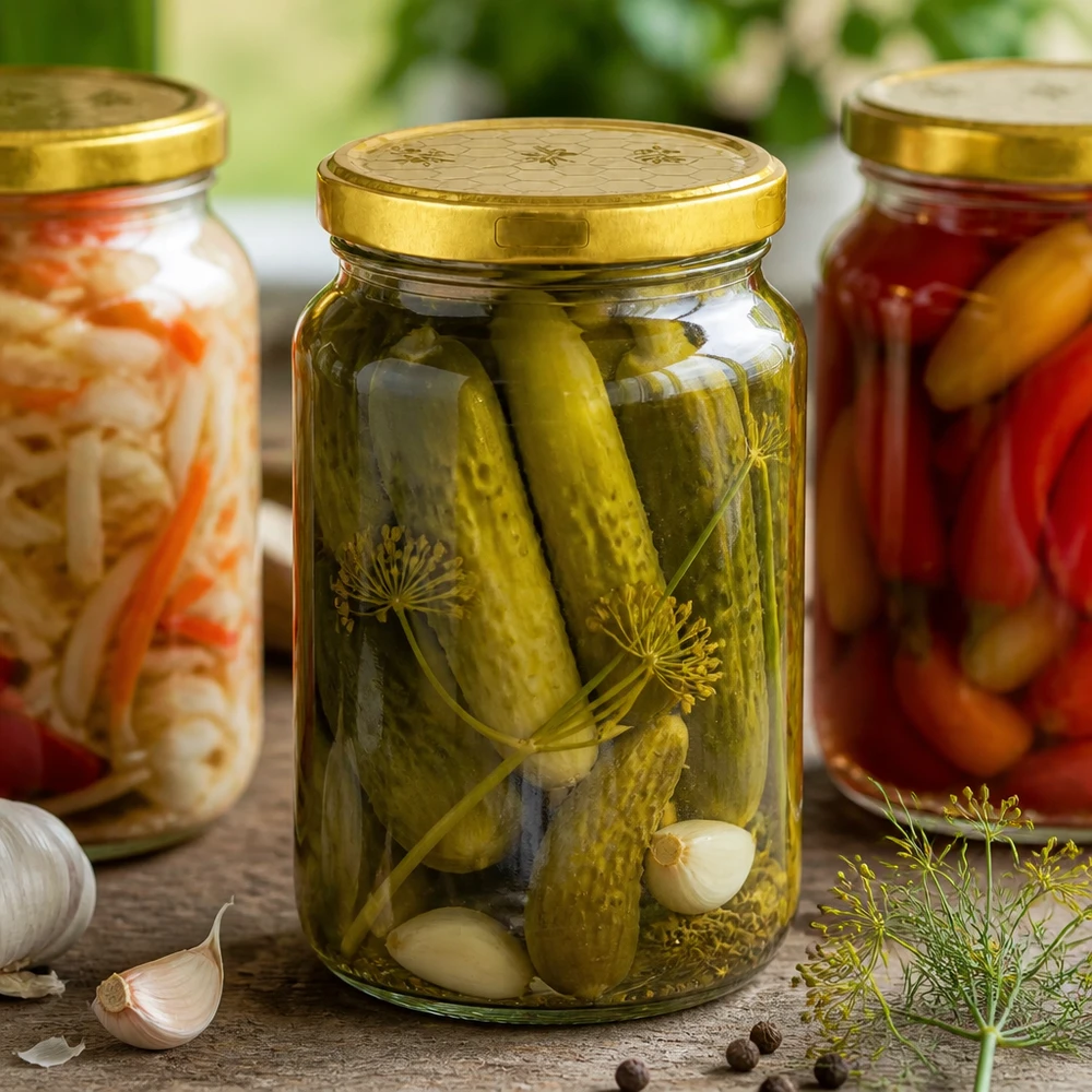 795 ml rund krukke + BasicSeal-låg honeycomb UNiTWIST 795 ml rund krukke med gyldent låg til konserves - asier, sauerkraut og blandede pickles i opbevaringsglas