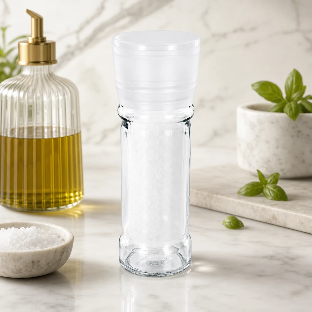 Salt-/krydderikrukke 100 ml med kværn, Vario, hvid Saltkværn på 100 ml af klart glas med hvid plastkappe på en hvid marmorbordplade