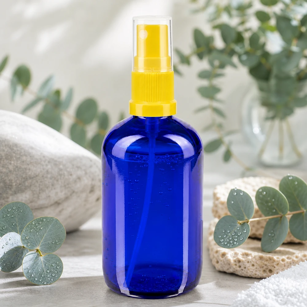 Blå glasflaske på 100 ml med gul sprøjtehoved omgivet af eukalyptusgrene og natursten