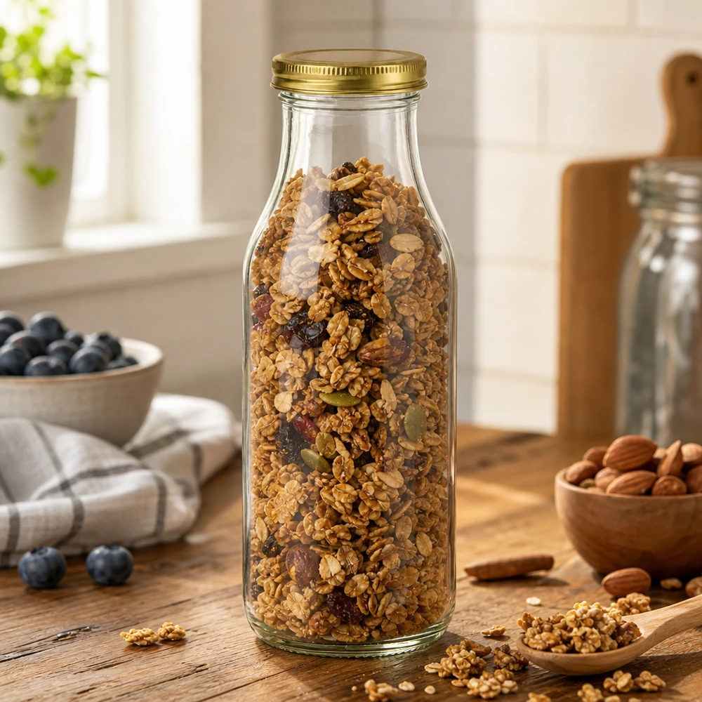 UNiTWIST Flaske263 med guld. Låg TO43 BioSeal UNiTWIST Bottle263 fyldt med müsli viser gyldent TO43 BioSeal-låg i et rustikt køkkenmiljø med nødder