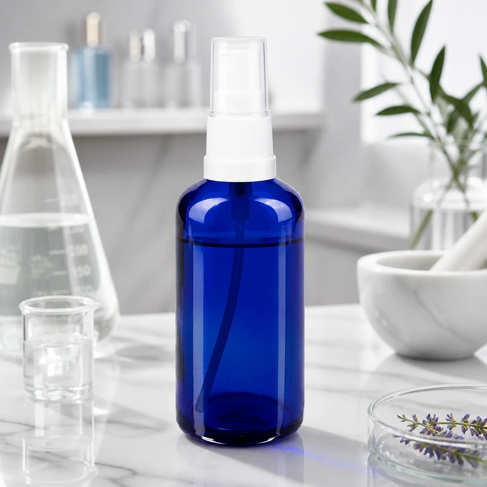 Apoteksflaske blå 50 ml spraytop hvid Blå 50 ml sprayflaske med runde skuldre af apotekerglas med hvid forstøverhoved