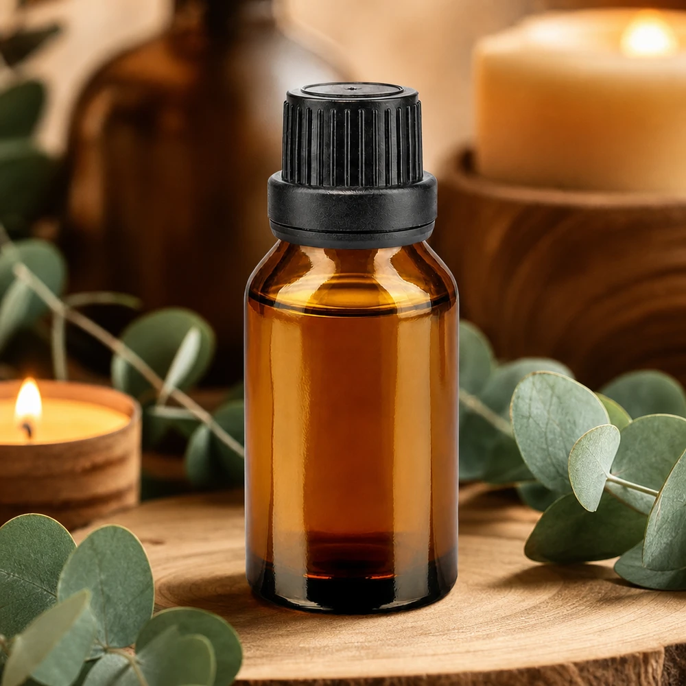 Apoteksflaske brun 30 ml skruelåg sort tæt OV Brun glasflaske på 30 ml med sort dråbepropp på træunderlag med eukalyptus