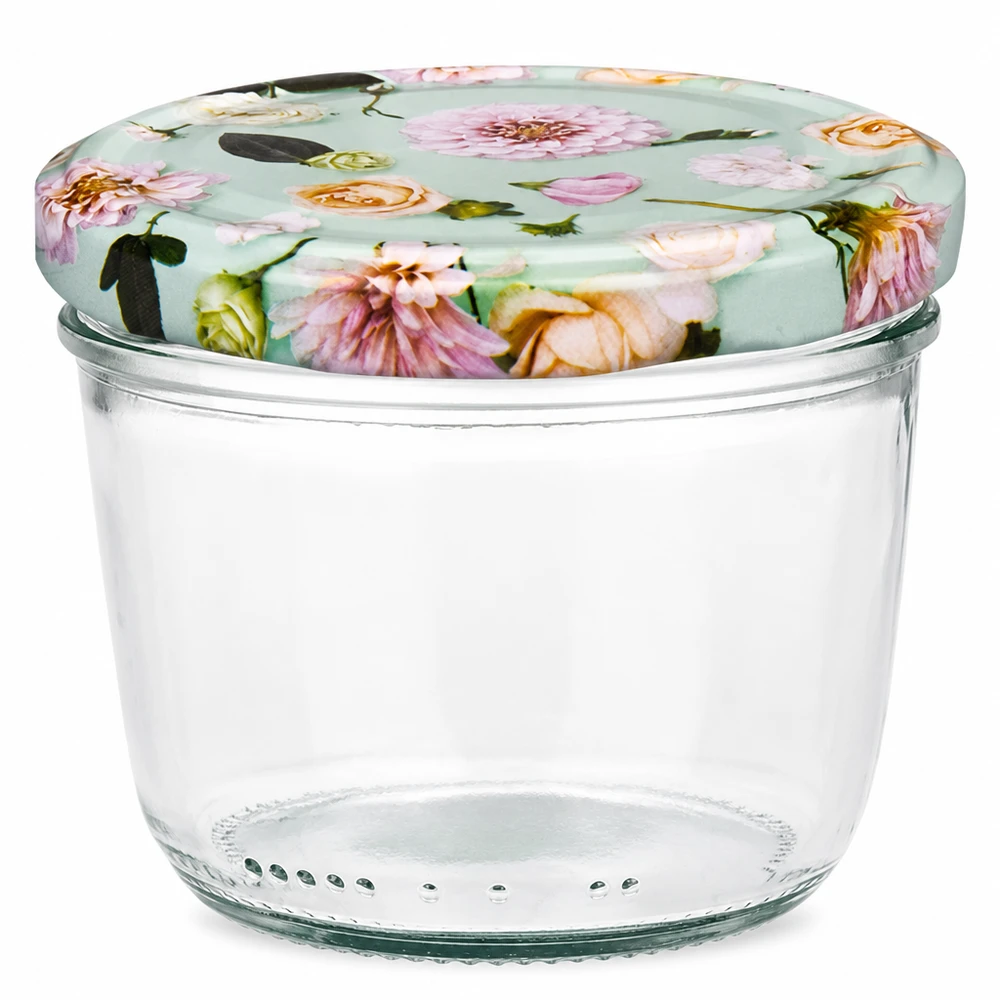 230 ml væltet glas + BasicSeal låg Blume mint UNiTWIST 230 ml murerbalje med BasicSeal-låg i mintblomstdesign, tom syltekrukke til marmelade og konserves