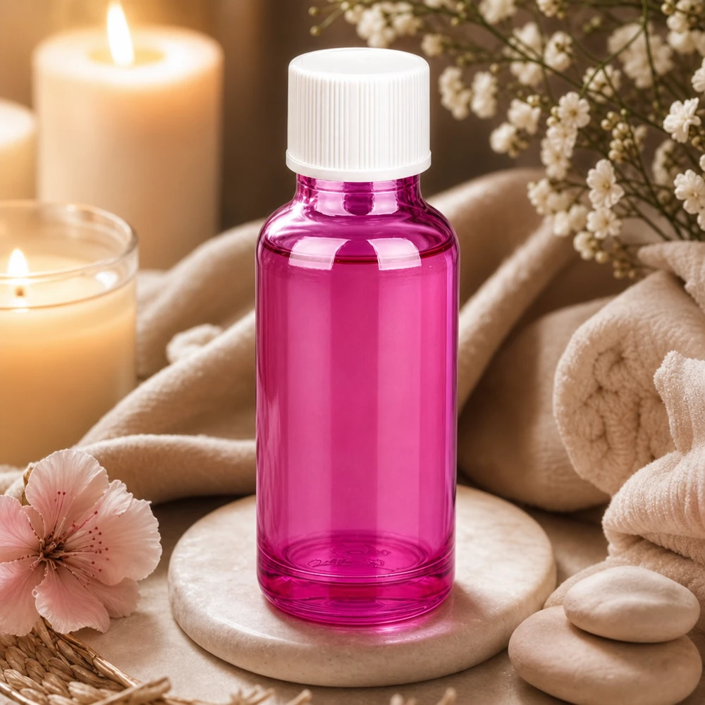 20 ml flaske 11 mm skruelåg hvid standard PurpleLine UT18/20 20 ml glasflaske i lyslilla med hvid hætte, perfekt til spa og wellness