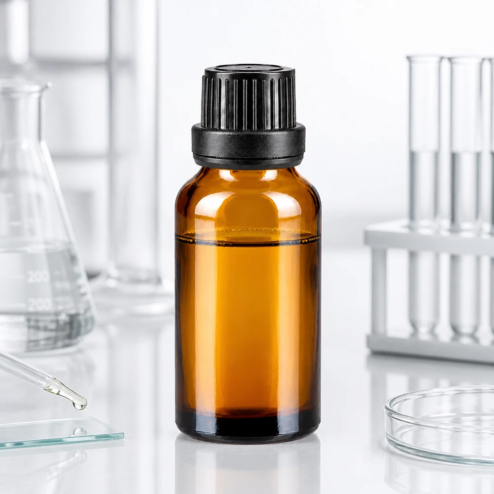 Apoteksflaske brun 20ml dryp v. Pr. 2mm sort OV 20 ml brun glasflaske med 2 mm dråbeindsats og børnesikret OV-lukning i sort
