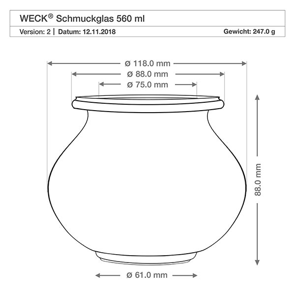 560 ml smykkekrukke WECK RR80 med trækugle bøg WECK smykkekrukke 560ml RR80 teknisk tegning dimensioner diameter højde 118mm 88mm produktspecifikation vægt 247g