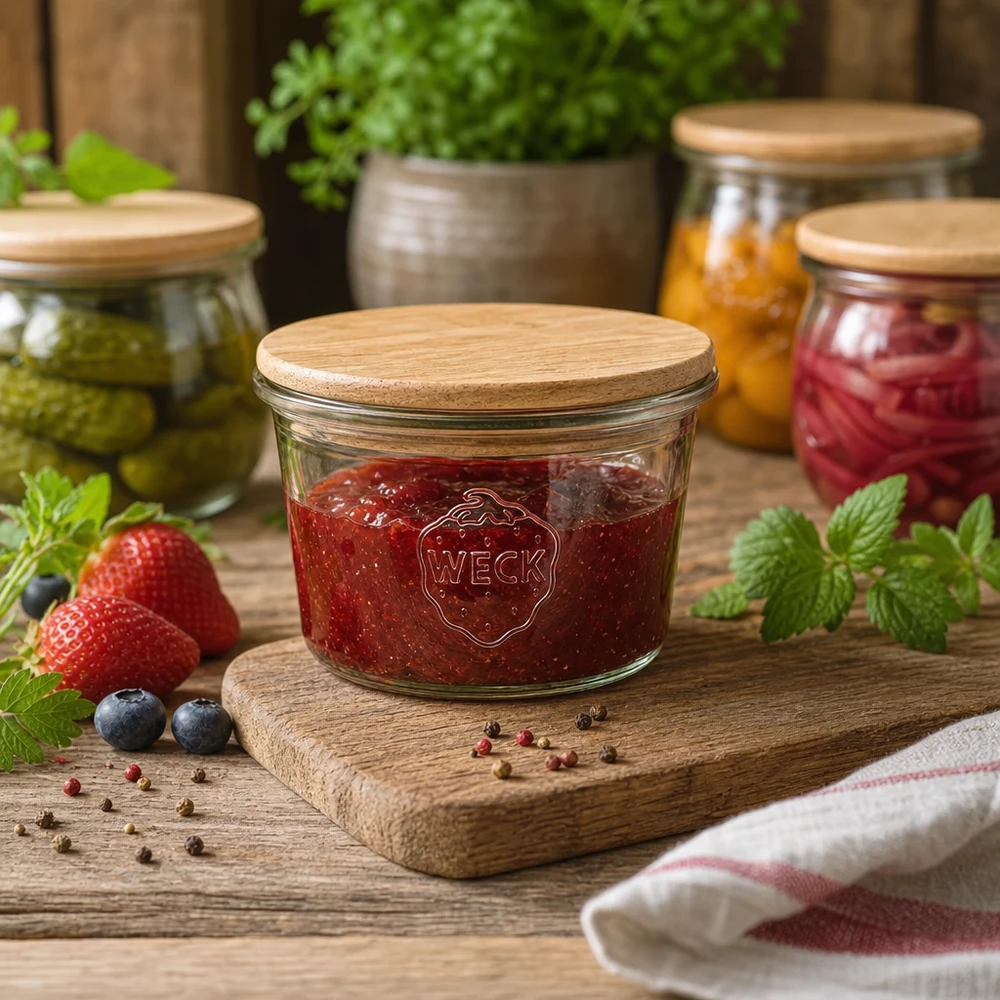 35 ml mini Briller WECK RR40 med trælåg WECK mini syltetøjsglas 35 ml med trælåg fyldt med marmelade på et rustikt træbræt ved siden af friske bær