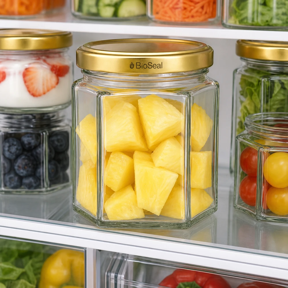 UNiTWIST Hexa47 med gyldent låg TO43 BioSeal UNiTWIST Hexa47 Glasgefäß mit Ananas-Stücken im Kühlschrank - perfekt für frische Lebensmittel-Aufbewahrung