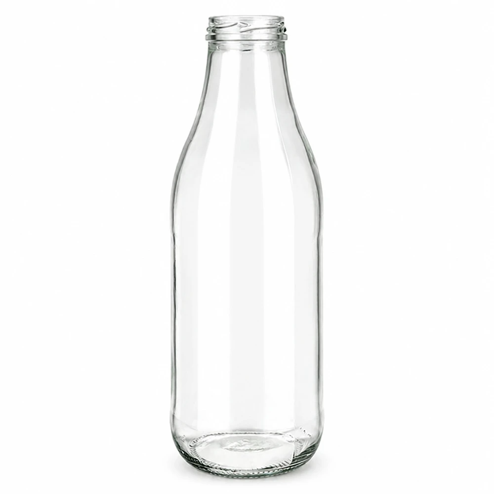 1000 ml glasflaske uden låg (TO48) UNiTWIST. Absolut lækagesikker med stor åbning. Til mælk, juice og limonade. Kræver TO48-låg 1000 ml glasflaske uden låg TO48 UNiTWIST gennemsigtig tom mælkeflaske drikkeflaske af klart glas