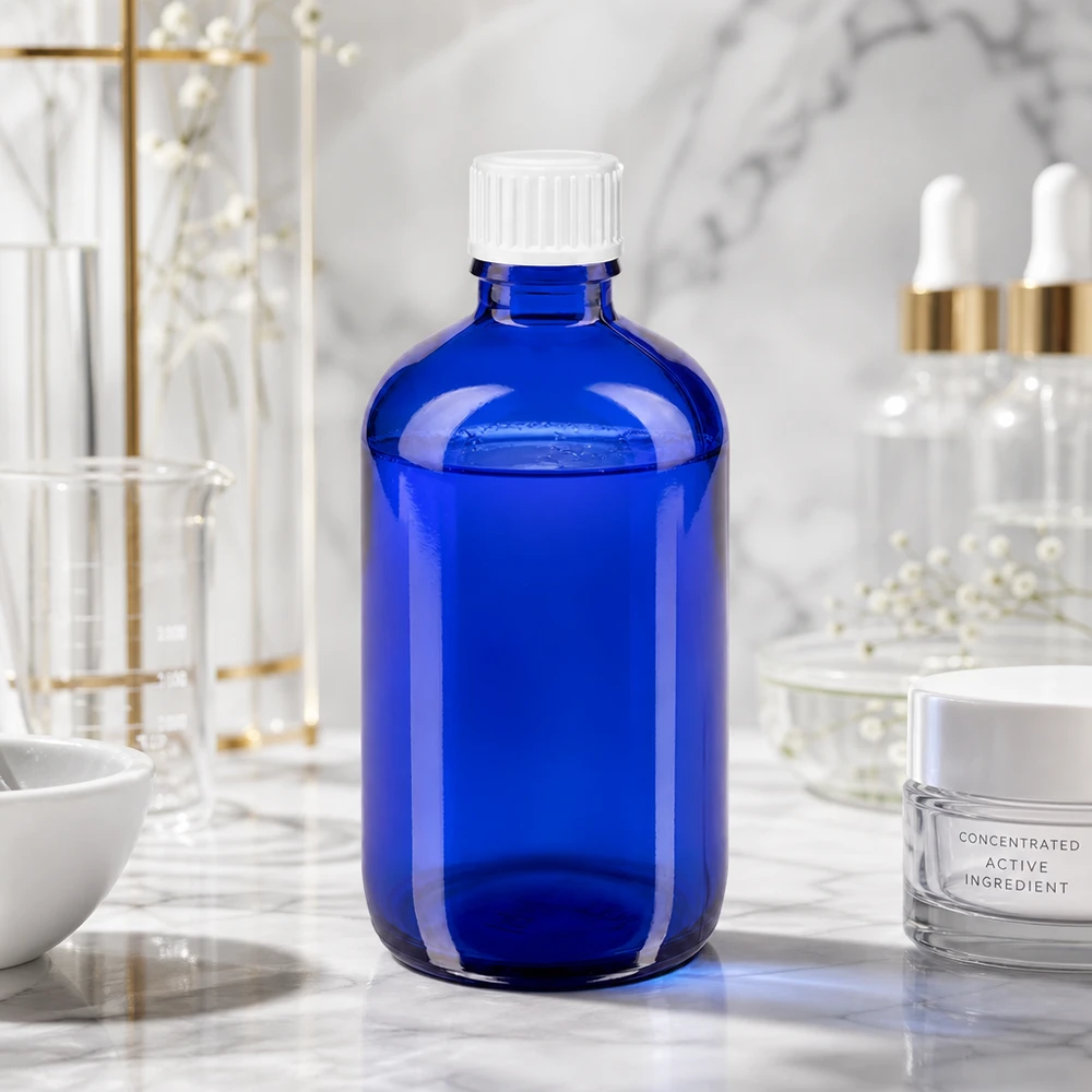 Apoteksflaske blå 100ml skruelåg hvid stk. Blå 100 ml glasflaske med hvid standardprop på en marmoroverflade i laboratoriet