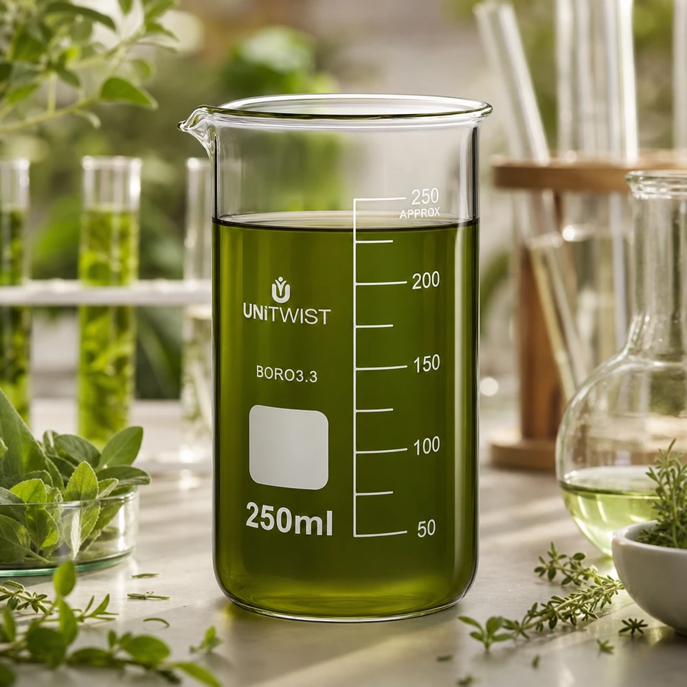 Bæger 250 ml borosilikat, høj form UNITWIST UNITWIST drikkeglas, 250 ml, høj model med en grøn urteekstraktopløsning omgivet af friske urter