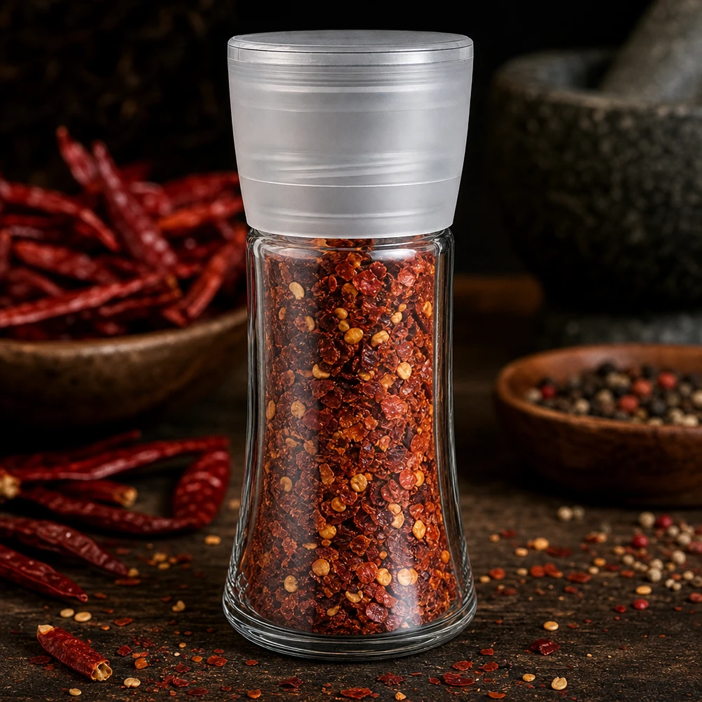 Krydderiglas 95 ml Vario med hvid kværn, fyldt med chiliflager foran en morter og chilifrugter