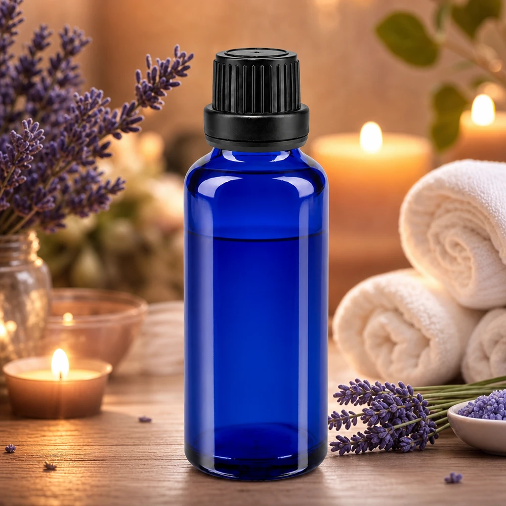 Blå 30 ml glasflaske med sort skruelåg og dråbeindsats til æteriske olier