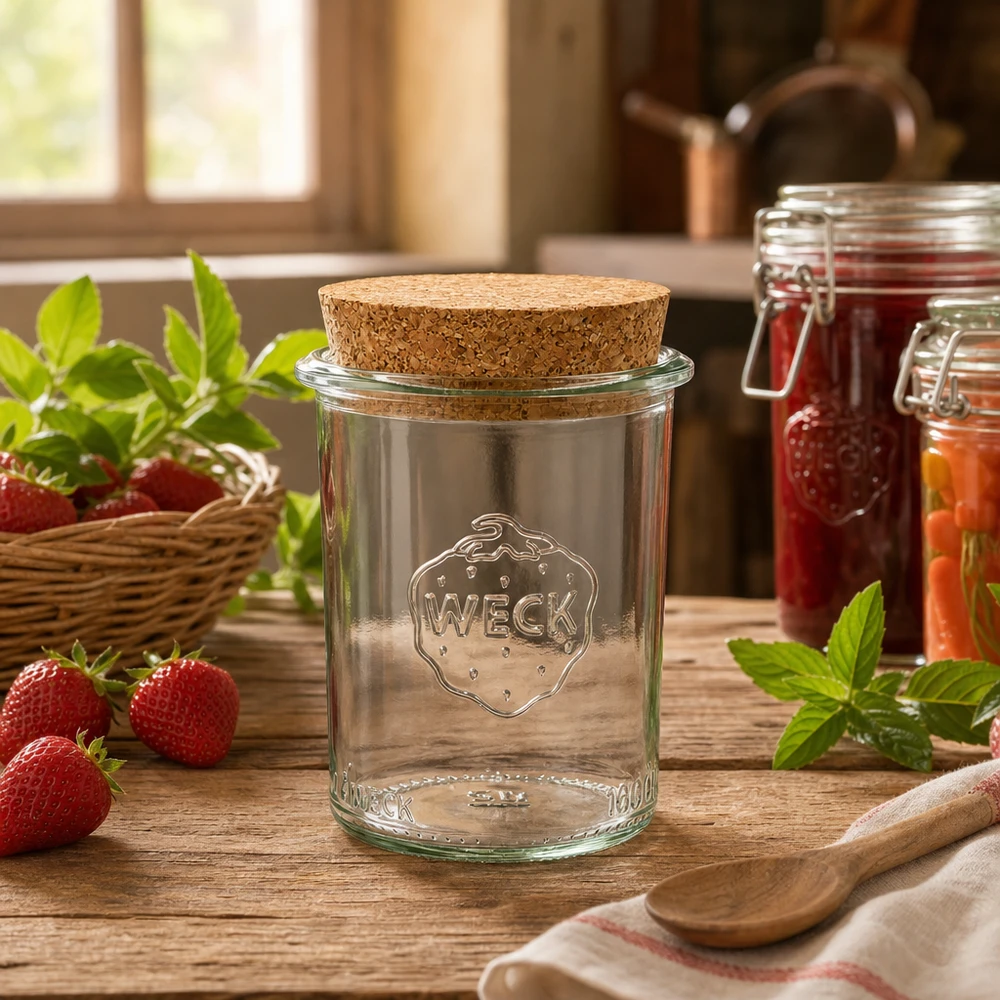 160 ml Briller WECK RR60 med kork natur WECK RR60 syltetøjsglas 160 ml med korklåg i et rustikt køkken ved siden af jordbær og syltetøjsglas