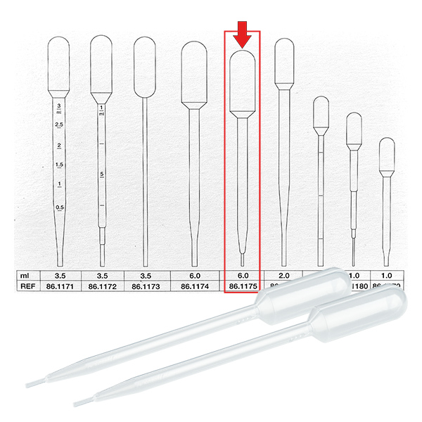 Transferpipette, nominel volumen: 6 ml, (LxB): 146 x 15 mm, materiale: LD-PE, transparent, dråbestørrelse: 20 µl - 30 µl, 400 stk./karton Transferpipette, nominel volumen: 6 ml, (LxB): 146 x 15 mm, materiale: LD-PE, transparent, dråbestørrelse: 20 µl - 30 µl, 400 stk./karton