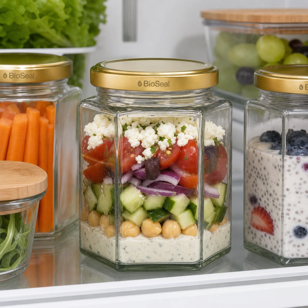 UNiTWIST Hexa390 med gylden D. TO70 BioSeal UNiTWIST Hexa390 Meal Prep-krukke med BioSeal-låg til lagdelt salat i køleskabet til opbevaring