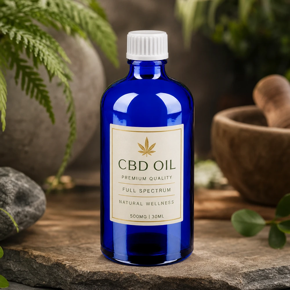 100 ml dråbeflaske 0,9 mm hvid STD BlueLine UT18/100 Kompakt 100 ml glasflaske blå med hvid dråbehætte til CBD-olier BlueLine UT18/100