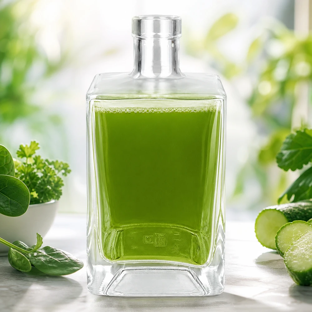 700 ml glasflaske »Ben« uden lukning UNiTWIST® Glasflaske Ben 700 ml fyldt med grøn juice omgivet af friske urter agurk og spinat som en detox-smoothie