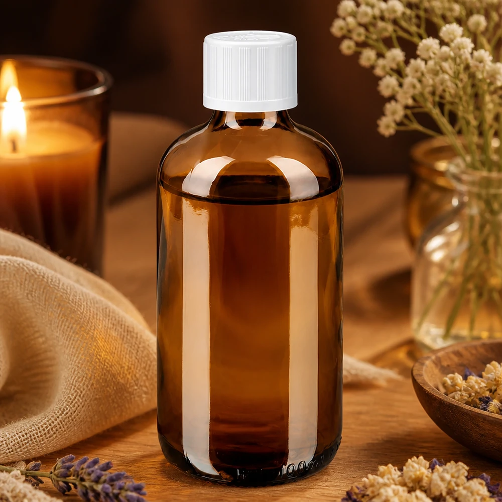 Apoteksflaske brun 100 ml skruelåg hvid KiSi St 100 ml apotekerflaske af brunt glas med hvid børnesikring og stearinlys – skaber en hyggelig wellness-stemning