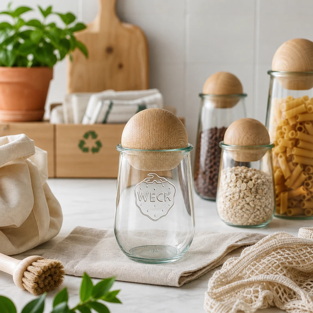 1062 ml tulipankrukke WECK RR100 med trækugle bøg WECK tulipankrukke 1062ml RR100 med bøgekugle i bæredygtigt zero-waste-køkken med genbrugssymbol og naturlige materialer