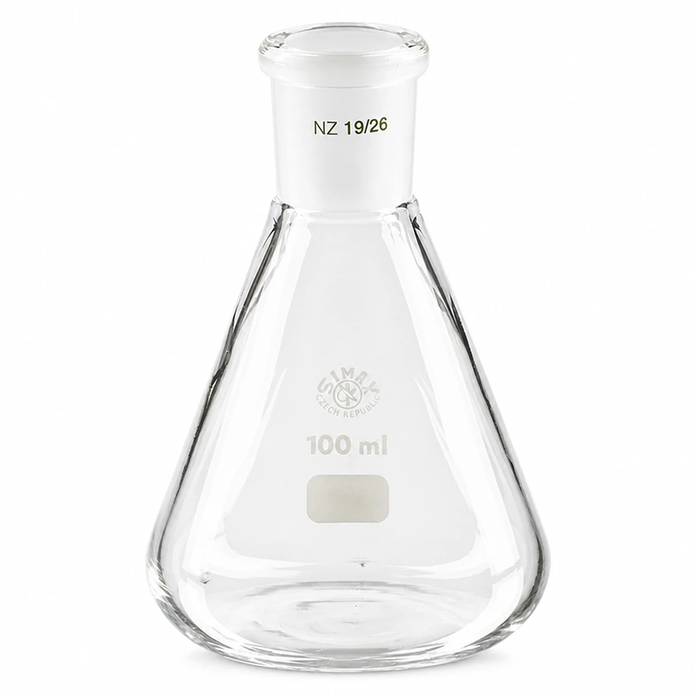 Erlenmeyer-kolbe 100 ml med standard slebet led (19/26) Erlenmeyer-kolbe 100 ml med standard slebet led (19/26)