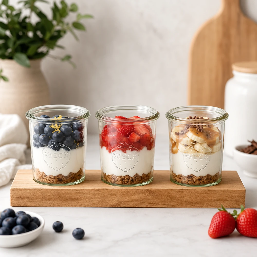 Serveringsbræt Plano3 med 3 Weck-glas med skruelåg, 160 ml Plano3 serveringsbræt med Weck-bægre som yoghurtparfait med bær, granola og nødder i et lyst køkken