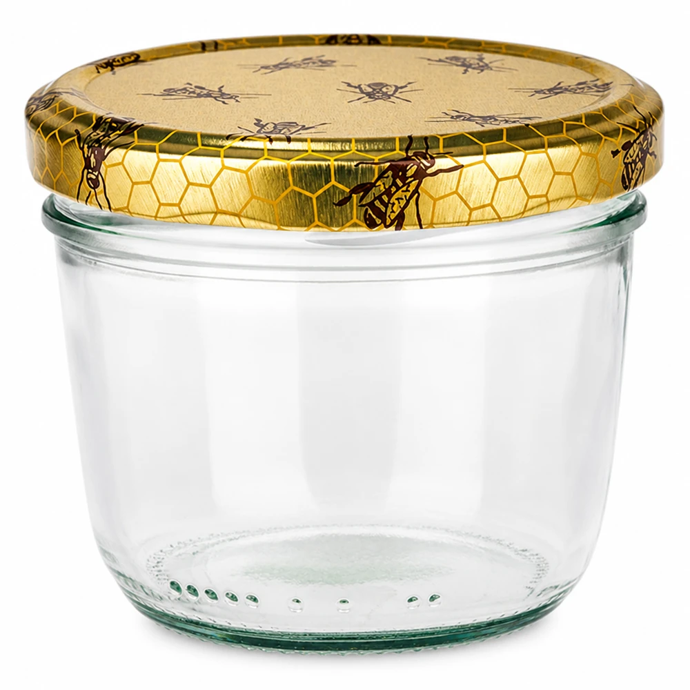 230 ml Briller + BasicSeal låg honeycomb UNiTWIST 230 ml glaskrukke med gyldent BasicSeal-låg med honeycomb-motiv til honning, marmelade og konserves