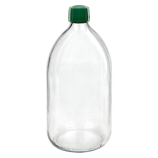 1000 ml medicinflaske klar, grøn hætte med manipulationssikker ring ApoGlas. Farmaceutisk kvalitet fra EU-produktion. 28 mm (PP28) gevind. (sirup, let glasflaske) 1000 ml medicinflaske klar, grøn hætte med manipulationssikker ring ApoGlas. Farmaceutisk kvalitet fra EU-produktion. 28 mm (PP28) gevind. (sirup, let glasflaske)