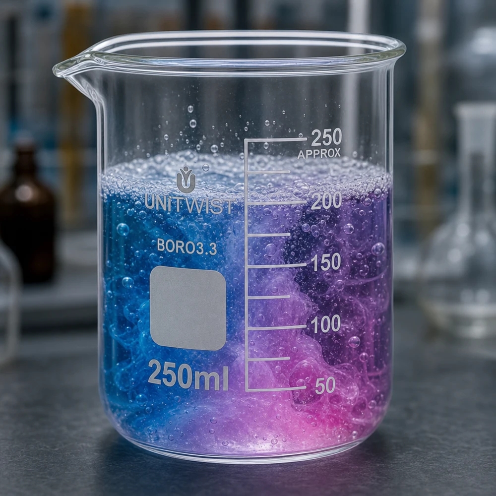 Bæger 250 ml borosilikat, lav form UNiTWIST 250 ml bægerglas i lav form med blå-violet farveændring, fremstillet af varmebestandigt borosilikatglas 3.3