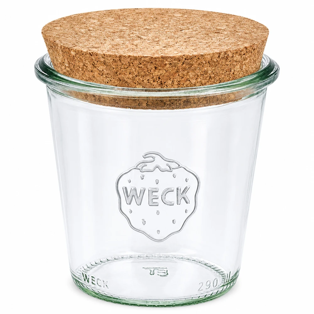 290 ml høje Briller WECK RR80 med kork natur WECK tumblekrukke 290 ml RR80 med naturkork-låg konserveringskrukke transparent til opbevaring og konservering